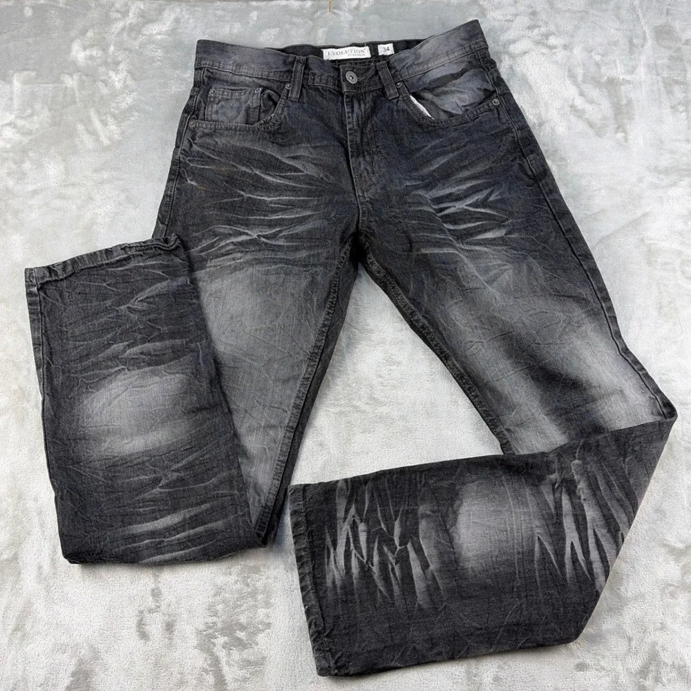 Evolution In Design Mens 34x34 Jeans Acid Wash Black Grey Straight Leg Whiskered